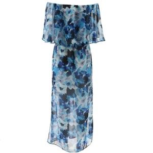 New Coleen Lopez Women's Maxi Dress Off Shoulder Flutter Pull On Blue Floral XS